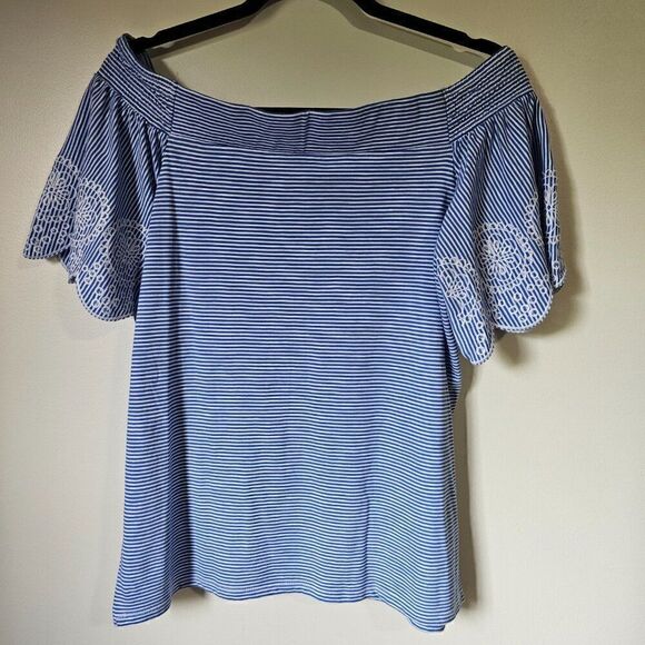 EUC LOFT VINTAGE SOFT STRIPED BOATNECK / OFF SHOULDER TOP EMBROIDERED SLEEVES S - Picture 2 of 11